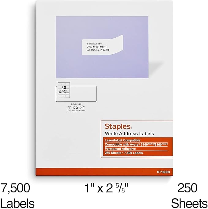 Staples 1" x 2 - 5/8" Address Labels, White – Easy - Peel Printable Laser & Inkjet Mailing Labels, 7,500 Labels (30 per Sheet) | Laser Inkjet Printer Labels - TrueDesk