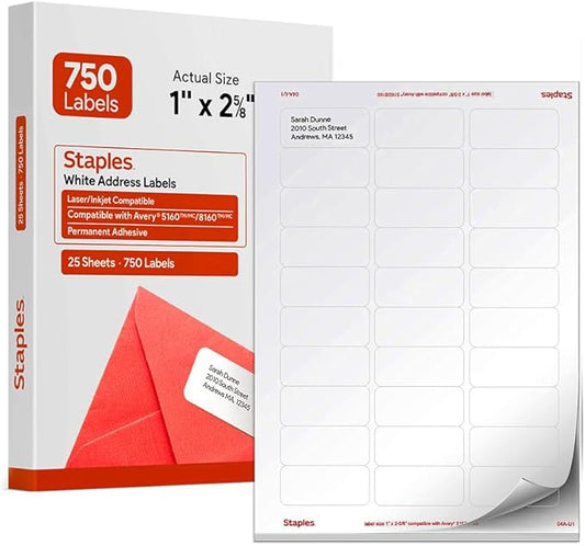 Staples 1" x 2 - 5/8" Address Labels, White – Printable Laser & Inkjet Mailing Labels, 750 Labels per Box | Laser Inkjet Printer Labels - TrueDesk