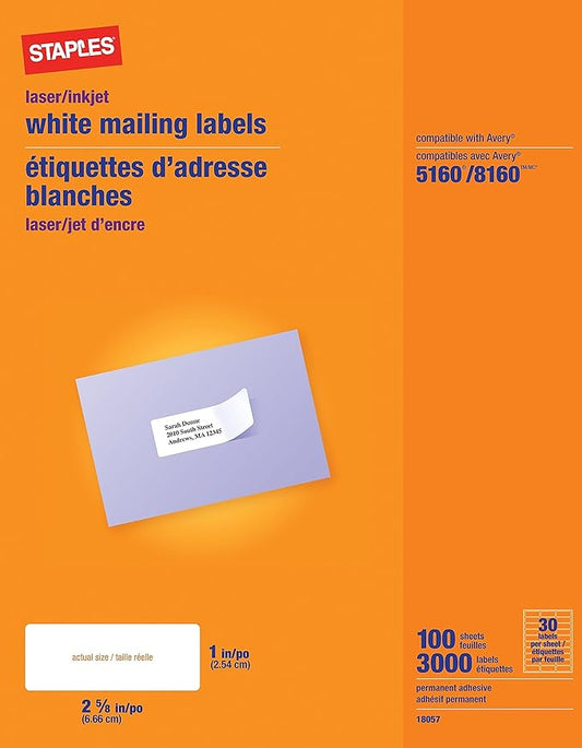 Staples White Mailing Labels for Laser Printers, 1 x 2.62 Inch, 100 Sheets, 3000 Labels | Laser Inkjet Printer Labels - TrueDesk