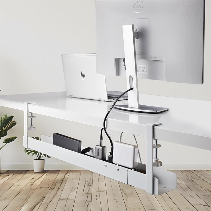StarTech.com Under Desk Cable Management Tray, Length Adjustable, Clamp - On Installation, No Drilling Required, White | Cable Raceways - TrueDesk