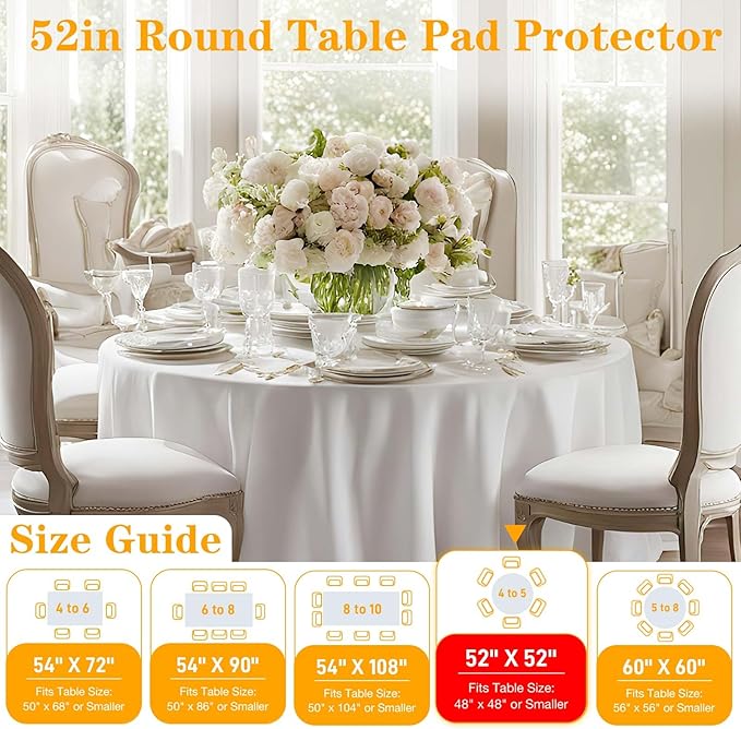 Table Pad Protector with Flannel Backing Cut to Fit Waterproof Heat Resistant Heavy - Duty Reusable Table Cloth 52" Round Vinyl Table Padding Under Tablecloth | Table Pads - TrueDesk