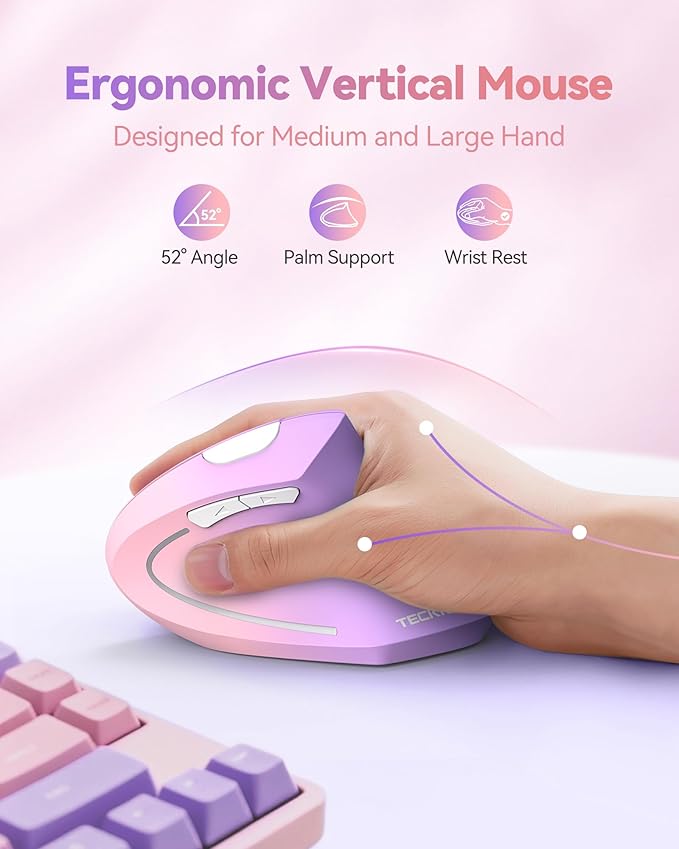 TECKNET 2.4G Ergonomic Mouse Vertical Wireless - 4800 DPI Optical Carpal Tunnel Mice Right Hand, 4800 DPI Adjustable, Quiet Clicks, 6 Buttons for Laptop, Desktop, PC, Computer - Pink Purple | Mice - TrueDesk