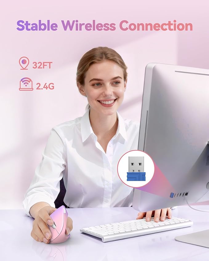 TECKNET 2.4G Ergonomic Mouse Vertical Wireless - 4800 DPI Optical Carpal Tunnel Mice Right Hand, 4800 DPI Adjustable, Quiet Clicks, 6 Buttons for Laptop, Desktop, PC, Computer - Pink Purple | Mice - TrueDesk