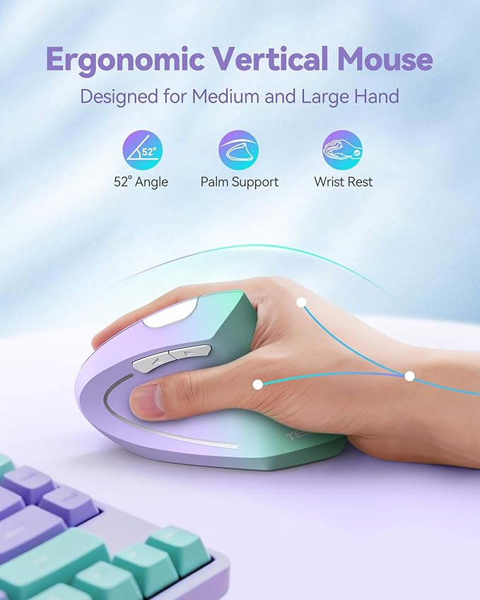 TECKNET 2.4G Ergonomic Mouse Vertical Wireless - 4800 DPI Optical Carpal Tunnel Mice Right Hand, 4800 DPI Adjustable, Quiet Clicks, 6 Buttons for Laptop, Desktop, PC, Computer - Green Purple | Mice - TrueDesk
