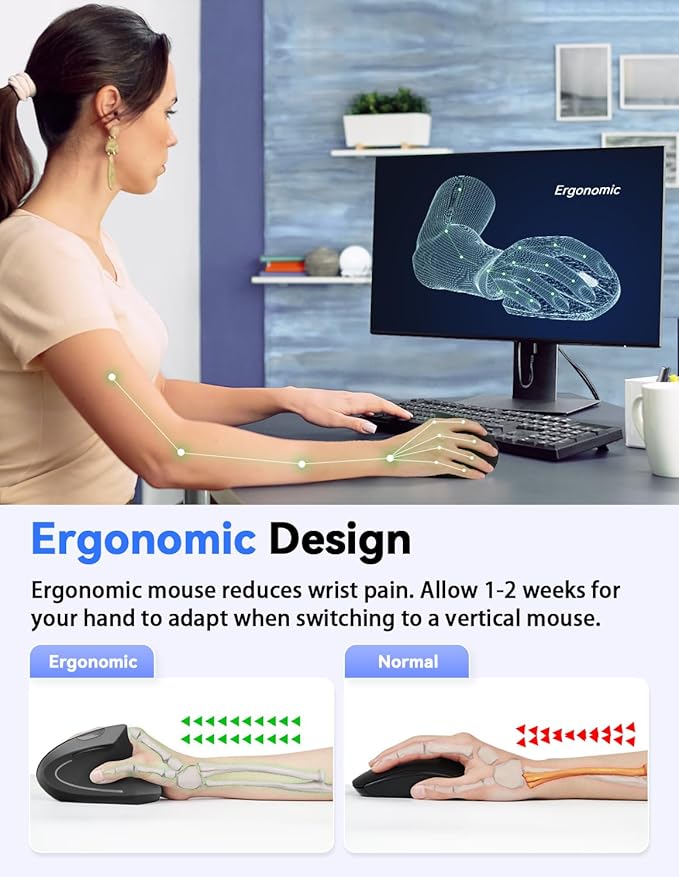 TECKNET 2.4G Ergonomic Mouse Vertical Wireless - 4800 DPI Optical Carpal Tunnel Mouse Right Hand, 5 Adjustable DPI, Quiet Clicks, 6 Buttons for Laptop, Desktop, PC, Computer - Black | Mice - TrueDesk
