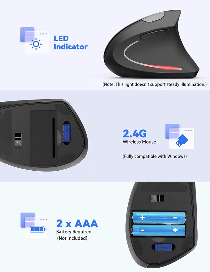 TECKNET 2.4G Ergonomic Mouse Vertical Wireless - 4800 DPI Optical Carpal Tunnel Mouse Right Hand, 5 Adjustable DPI, Quiet Clicks, 6 Buttons for Laptop, Desktop, PC, Computer - Black | Mice - TrueDesk
