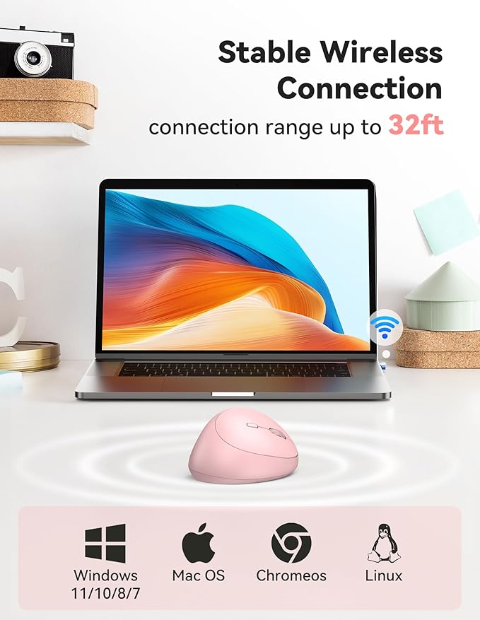 TECKNET Ergonomic Mouse, 4800 DPI Wireless Vertical Mouse, 5 Adjustable DPI Levels, 6 Buttons, 2.4G Silent Wireless Mouse for Laptop, PC, Chromebook - Pink | Mice - TrueDesk