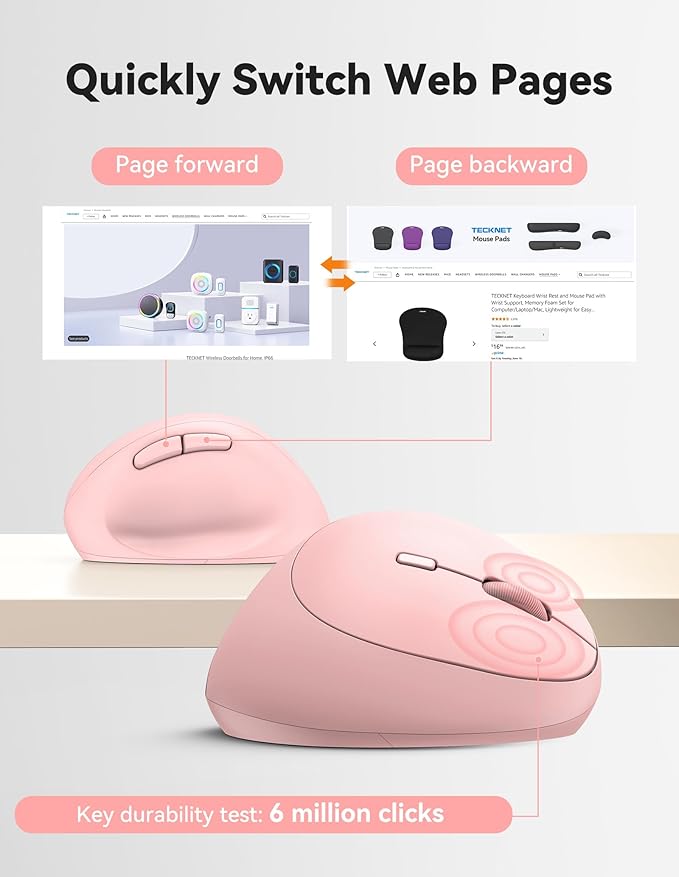 TECKNET Ergonomic Mouse, 4800 DPI Wireless Vertical Mouse, 5 Adjustable DPI Levels, 6 Buttons, 2.4G Silent Wireless Mouse for Laptop, PC, Chromebook - Pink | Mice - TrueDesk