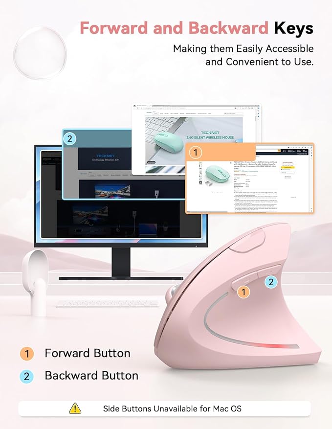TECKNET Ergonomic Mouse, 4800 DPI Wireless Vertical Mouse with 5 Adjustable DPI Levels, 2.4GHz Optical Carpal Tunnel Mouse, 6 Buttons for Laptop, Desktop, PC, MacBook - Pink | Mice - TrueDesk