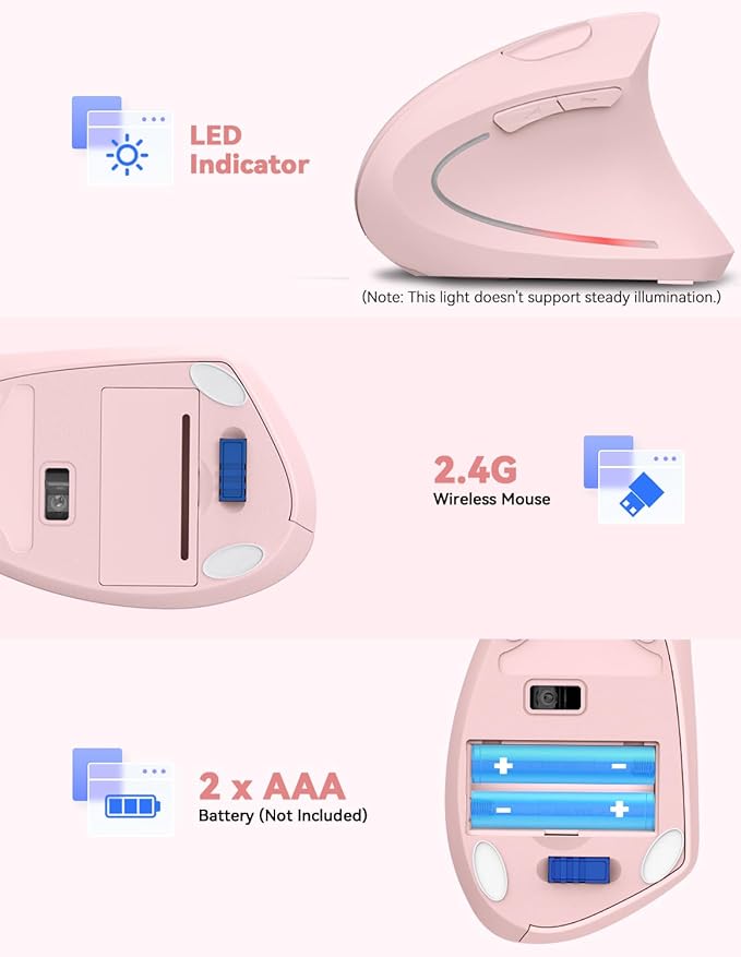 TECKNET Ergonomic Mouse, 4800 DPI Wireless Vertical Mouse with 5 Adjustable DPI Levels, 2.4GHz Optical Carpal Tunnel Mouse, 6 Buttons for Laptop, Desktop, PC, MacBook - Pink | Mice - TrueDesk
