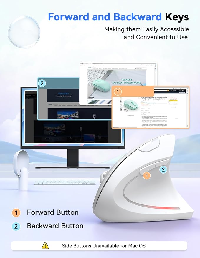 TECKNET Ergonomic Mouse, 4800 DPI Wireless Vertical Mouse with 5 Adjustable DPI Levels, 6 Buttons, 2.4GHz Optical Carpal Tunnel Mouse for Laptop, Desktop, PC, MacBook - White | Mice - TrueDesk