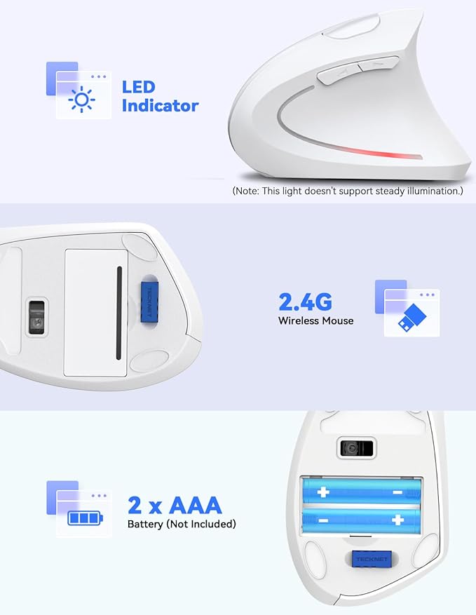 TECKNET Ergonomic Mouse, 4800 DPI Wireless Vertical Mouse with 5 Adjustable DPI Levels, 6 Buttons, 2.4GHz Optical Carpal Tunnel Mouse for Laptop, Desktop, PC, MacBook - White | Mice - TrueDesk