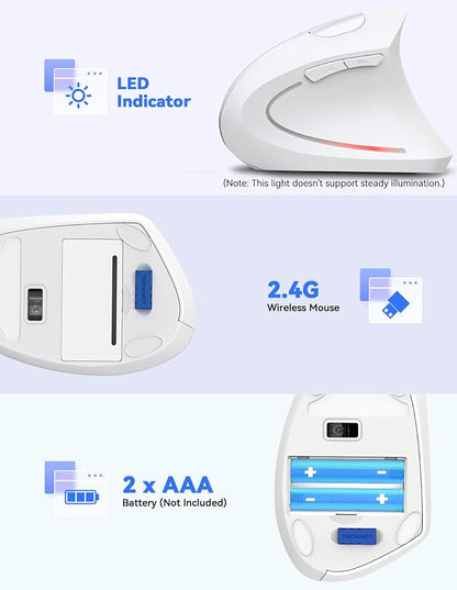 TECKNET Ergonomic Mouse, 4800 DPI Wireless Vertical Mouse with 5 Adjustable DPI Levels, 6 Buttons, 2.4GHz Optical Carpal Tunnel Mouse for Laptop, Desktop, PC, MacBook - White | Mice - TrueDesk