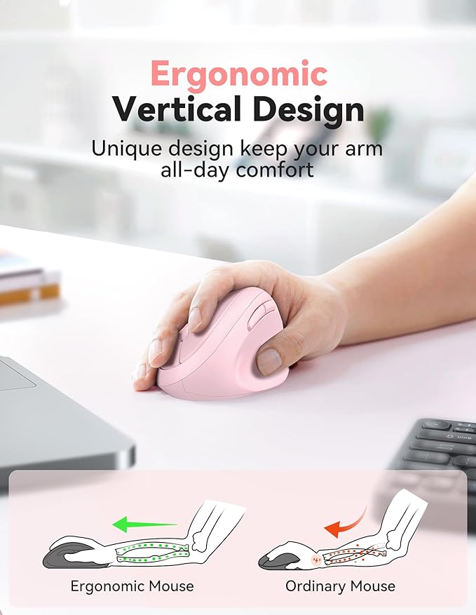 TECKNET Ergonomic Mouse, Bluetooth Wireless Vertical Mouse, Rechargeable Battery, Quiet Clicks, 4800 DPI Adjustable, BT5.0/3.0 & 2.4G Connect, Easy to use, Wide Compatibility - Pink | Mice - TrueDesk