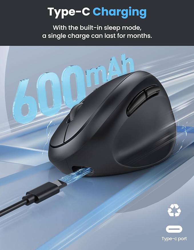TECKNET Ergonomic Mouse, Bluetooth Wireless Vertical Mouse, Rechargeable Battery, Quiet Clicks, 4800 DPI Adjustable, BT5.0/3.0 & 2.4G Connect, Easy to use, Wide Compatibility - Black | Mice - TrueDesk