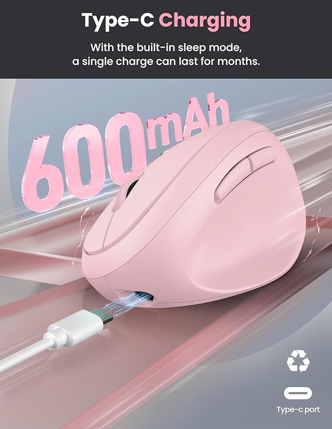 TECKNET Ergonomic Mouse, Bluetooth Wireless Vertical Mouse, Rechargeable Battery, Quiet Clicks, 4800 DPI Adjustable, BT5.0/3.0 & 2.4G Connect, Easy to use, Wide Compatibility - Pink | Mice - TrueDesk
