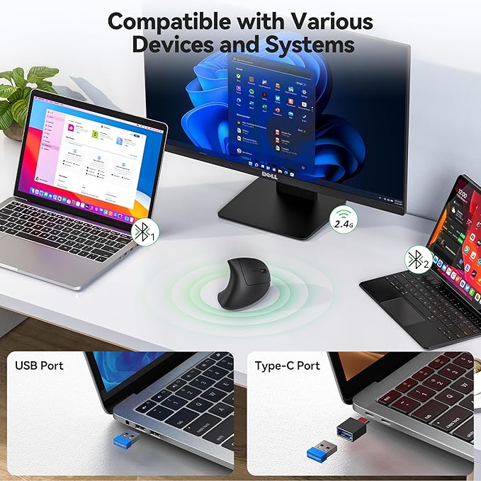 TECKNET Ergonomic Mouse, Jiggler Bluetooth Wireless Vertical Mouse, 4800 DPI Silent Mouse with 6 Adjustable DPI Levels, 2.4GHz (USB A & C) Mouse, 6 Buttons Computer Mice - Wide Compatibility | Mice - TrueDesk
