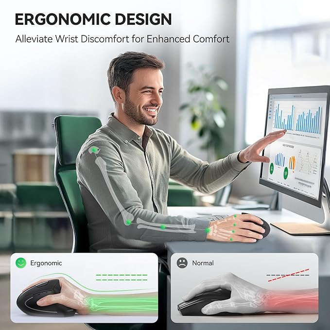 TECKNET Ergonomic Mouse, Jiggler Bluetooth Wireless Vertical Mouse, 4800 DPI Silent Mouse with 6 Adjustable DPI Levels, 2.4GHz (USB A & C) Mouse, 6 Buttons Computer Mice - Wide Compatibility | Mice - TrueDesk