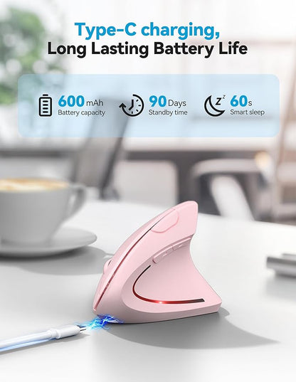 TECKNET Ergonomic Mouse, Rechargeable 2.4G+Bluetooth Vertical Mice 6 DPI Adjustable, Wireless Optical Carpal Tunnel Mouse Right Hand, Multi Device for Laptop, PC, Computer, MacBook, iPad - Pink | Mice - TrueDesk