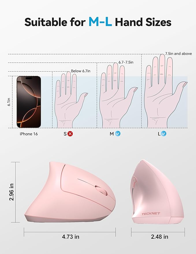 TECKNET Ergonomic Mouse, Rechargeable 2.4G+Bluetooth Vertical Mice 6 DPI Adjustable, Wireless Optical Carpal Tunnel Mouse Right Hand, Multi Device for Laptop, PC, Computer, MacBook, iPad - Pink | Mice - TrueDesk