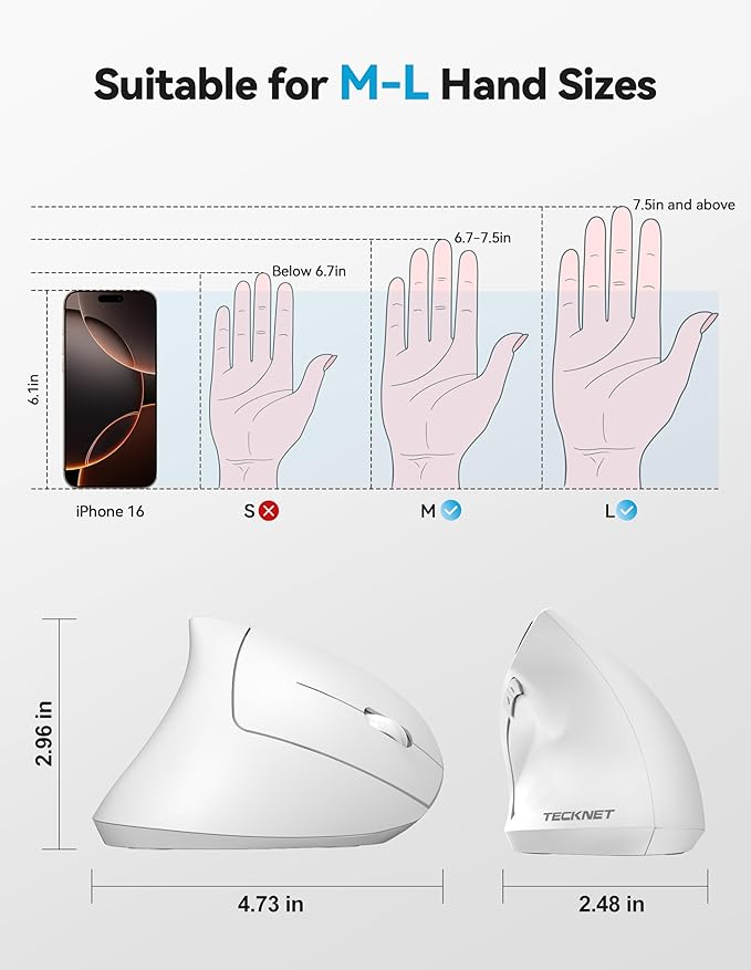 TECKNET Ergonomic Mouse, Rechargeable 2.4G+Bluetooth Vertical Mice 6 DPI Adjustable, Wireless Optical Carpal Tunnel Mouse Right Hand, Multi Device for Laptop, PC, Computer, MacBook, iPad - White | Mice - TrueDesk