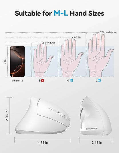 TECKNET Ergonomic Mouse, Rechargeable 2.4G+Bluetooth Vertical Mice 6 DPI Adjustable, Wireless Optical Carpal Tunnel Mouse Right Hand, Multi Device for Laptop, PC, Computer, MacBook, iPad - White | Mice - TrueDesk