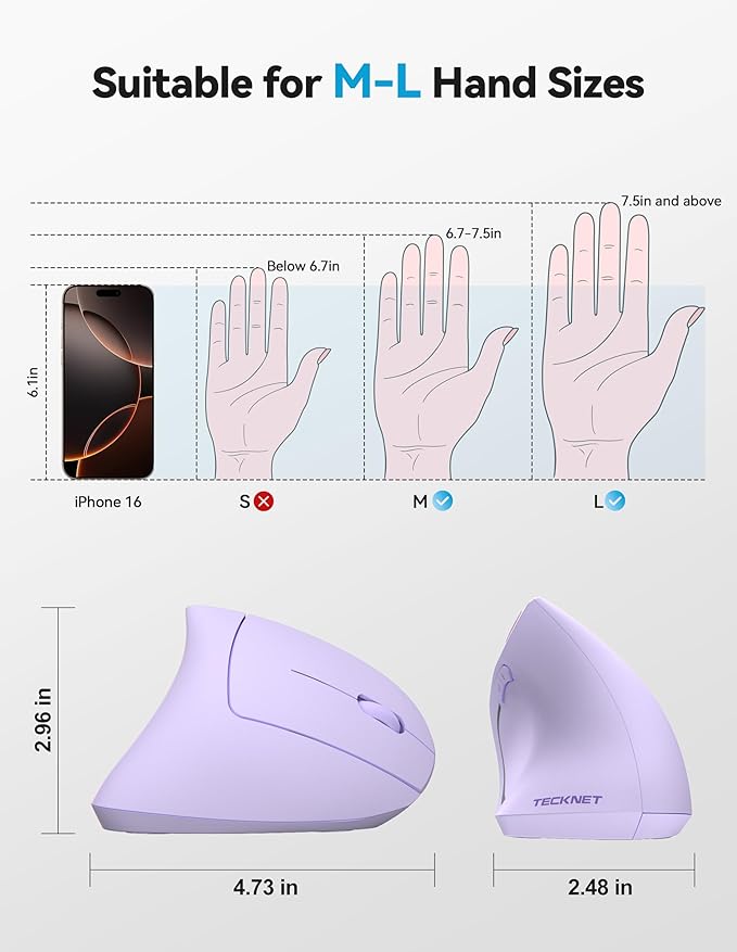 TECKNET Ergonomic Mouse, Rechargeable 2.4G+Bluetooth Vertical Mice 6 DPI Adjustable, Wireless Optical Carpal Tunnel Mouse Right Hand, Multi Device for Laptop, PC, Computer, MacBook - Light Purple | Mice - TrueDesk