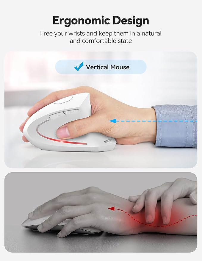 TECKNET Ergonomic Mouse, Rechargeable 2.4G+Bluetooth Vertical Mice 6 DPI Adjustable, Wireless Optical Carpal Tunnel Mouse Right Hand, Multi Device for Laptop, PC, Computer, MacBook, iPad - White | Mice - TrueDesk