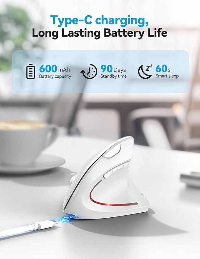 TECKNET Ergonomic Mouse, Rechargeable 2.4G+Bluetooth Vertical Mice 6 DPI Adjustable, Wireless Optical Carpal Tunnel Mouse Right Hand, Multi Device for Laptop, PC, Computer, MacBook, iPad - White | Mice - TrueDesk
