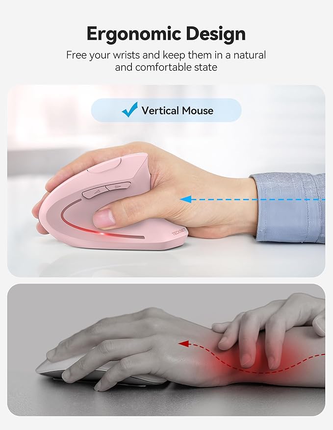 TECKNET Ergonomic Mouse, Rechargeable 2.4G+Bluetooth Vertical Mice 6 DPI Adjustable, Wireless Optical Carpal Tunnel Mouse Right Hand, Multi Device for Laptop, PC, Computer, MacBook, iPad - Pink | Mice - TrueDesk
