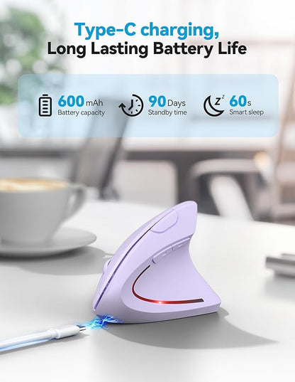 TECKNET Ergonomic Mouse, Rechargeable 2.4G+Bluetooth Vertical Mice 6 DPI Adjustable, Wireless Optical Carpal Tunnel Mouse Right Hand, Multi Device for Laptop, PC, Computer, MacBook - Light Purple | Mice - TrueDesk