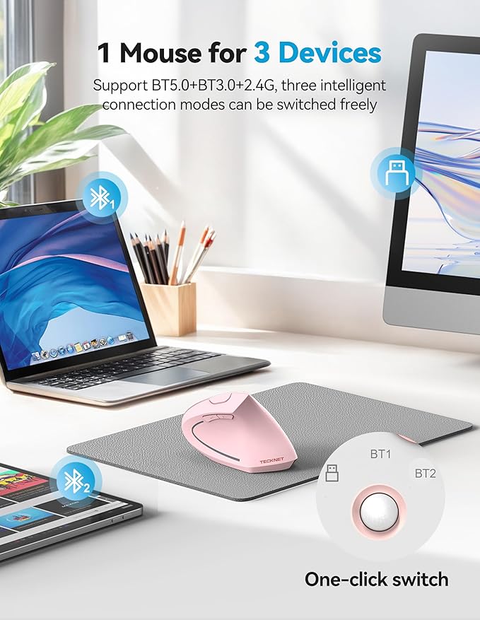 TECKNET Ergonomic Mouse, Rechargeable 2.4G+Bluetooth Vertical Mice 6 DPI Adjustable, Wireless Optical Carpal Tunnel Mouse Right Hand, Multi Device for Laptop, PC, Computer, MacBook, iPad - Pink | Mice - TrueDesk