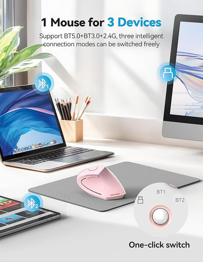 TECKNET Ergonomic Mouse, Rechargeable 2.4G+Bluetooth Vertical Mice 6 DPI Adjustable, Wireless Optical Carpal Tunnel Mouse Right Hand, Multi Device for Laptop, PC, Computer, MacBook, iPad - Pink | Mice - TrueDesk