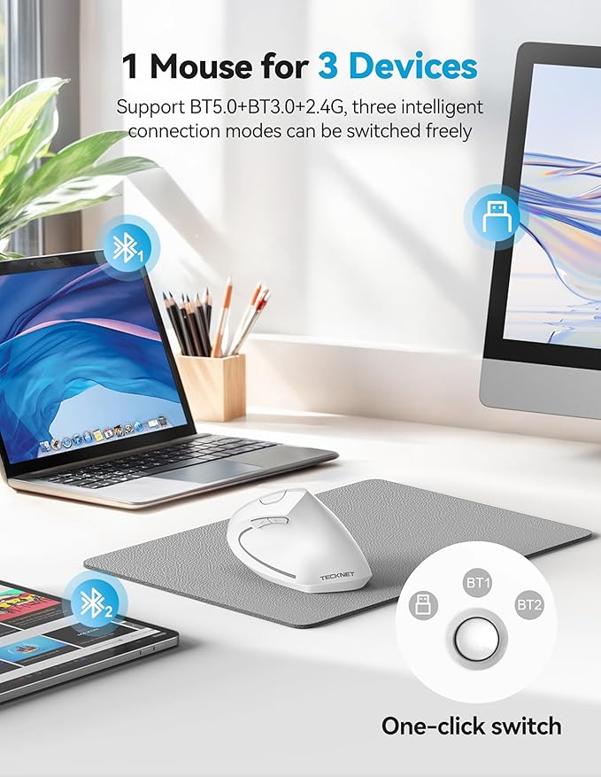 TECKNET Ergonomic Mouse, Rechargeable 2.4G+Bluetooth Vertical Mice 6 DPI Adjustable, Wireless Optical Carpal Tunnel Mouse Right Hand, Multi Device for Laptop, PC, Computer, MacBook, iPad - White | Mice - TrueDesk