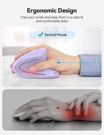 TECKNET Ergonomic Mouse, Rechargeable 2.4G+Bluetooth Vertical Mice 6 DPI Adjustable, Wireless Optical Carpal Tunnel Mouse Right Hand, Multi Device for Laptop, PC, Computer, MacBook - Light Purple | Mice - TrueDesk