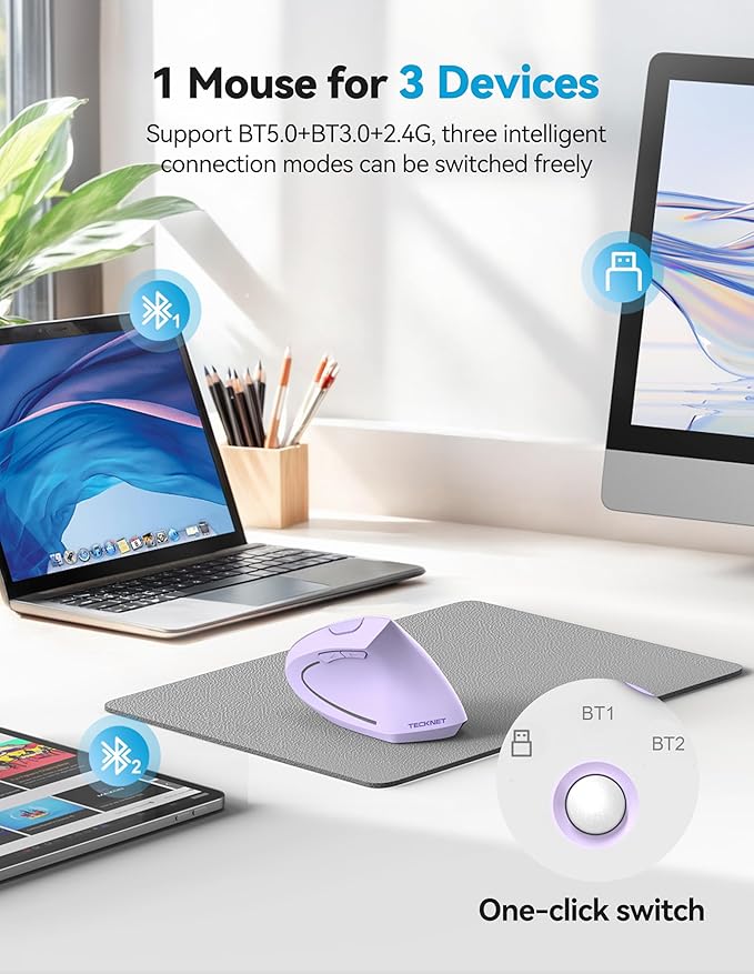 TECKNET Ergonomic Mouse, Rechargeable 2.4G+Bluetooth Vertical Mice 6 DPI Adjustable, Wireless Optical Carpal Tunnel Mouse Right Hand, Multi Device for Laptop, PC, Computer, MacBook - Light Purple | Mice - TrueDesk