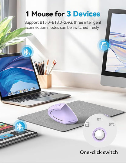 TECKNET Ergonomic Mouse, Rechargeable 2.4G+Bluetooth Vertical Mice 6 DPI Adjustable, Wireless Optical Carpal Tunnel Mouse Right Hand, Multi Device for Laptop, PC, Computer, MacBook - Light Purple | Mice - TrueDesk