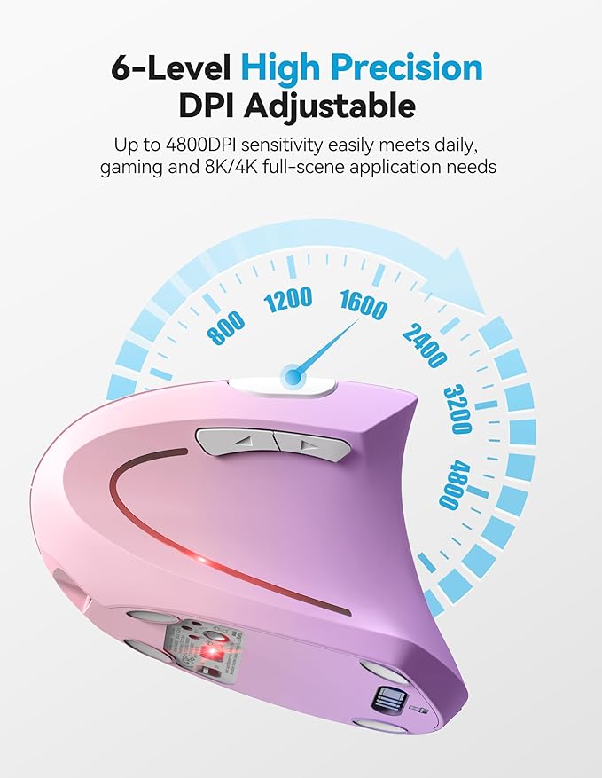TECKNET Ergonomic Mouse Rechargeable Bluetooth - 4800 DPI Vertical Mice 6 Adjustable Levels, Wireless Optical Carpal Tunnel Mouse Right Hand, Multi Device for Laptop, PC, Computer - Pink Purple | Mice - TrueDesk