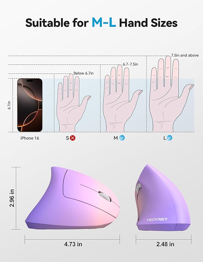 TECKNET Ergonomic Mouse Rechargeable Bluetooth - 4800 DPI Vertical Mice 6 Adjustable Levels, Wireless Optical Carpal Tunnel Mouse Right Hand, Multi Device for Laptop, PC, Computer - Pink Purple | Mice - TrueDesk