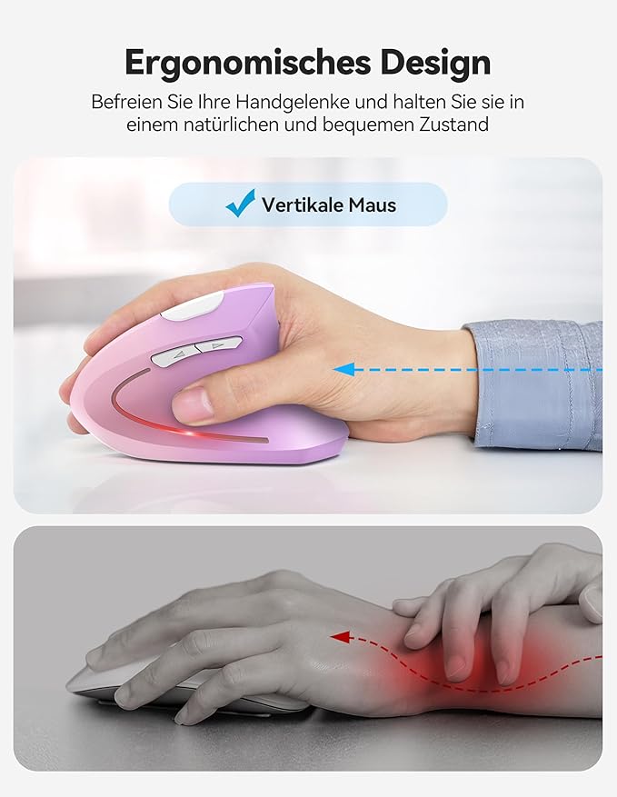 TECKNET Ergonomic Mouse Rechargeable Bluetooth - 4800 DPI Vertical Mice 6 Adjustable Levels, Wireless Optical Carpal Tunnel Mouse Right Hand, Multi Device for Laptop, PC, Computer - Pink Purple | Mice - TrueDesk