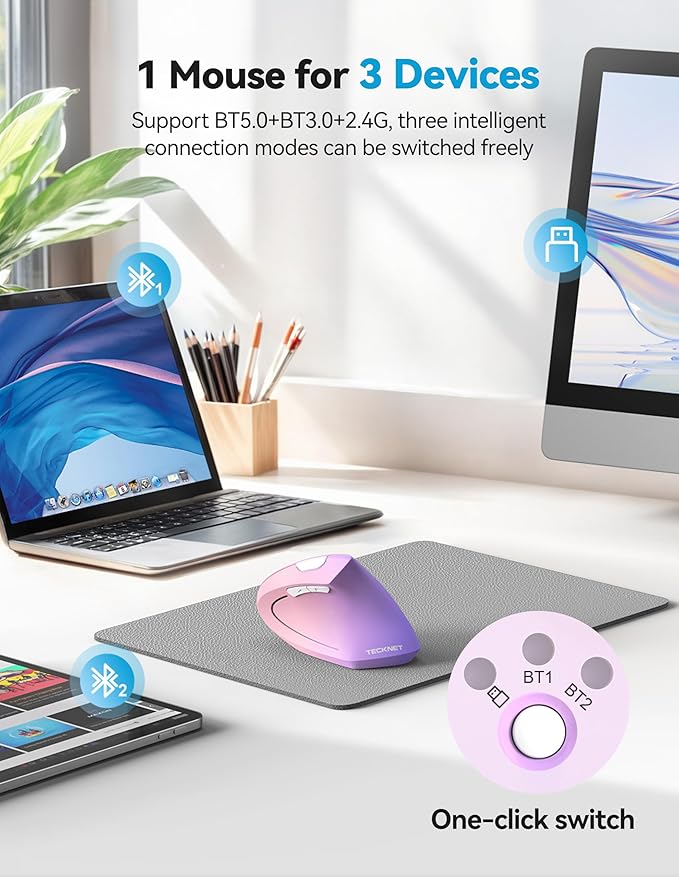 TECKNET Ergonomic Mouse Rechargeable Bluetooth - 4800 DPI Vertical Mice 6 Adjustable Levels, Wireless Optical Carpal Tunnel Mouse Right Hand, Multi Device for Laptop, PC, Computer - Pink Purple | Mice - TrueDesk