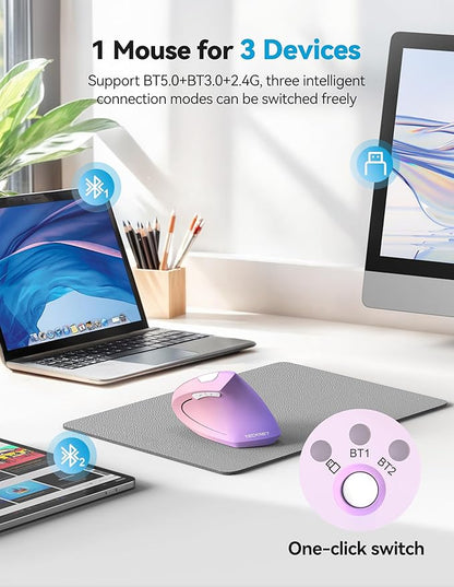 TECKNET Ergonomic Mouse Rechargeable Bluetooth - 4800 DPI Vertical Mice 6 Adjustable Levels, Wireless Optical Carpal Tunnel Mouse Right Hand, Multi Device for Laptop, PC, Computer - Pink Purple | Mice - TrueDesk