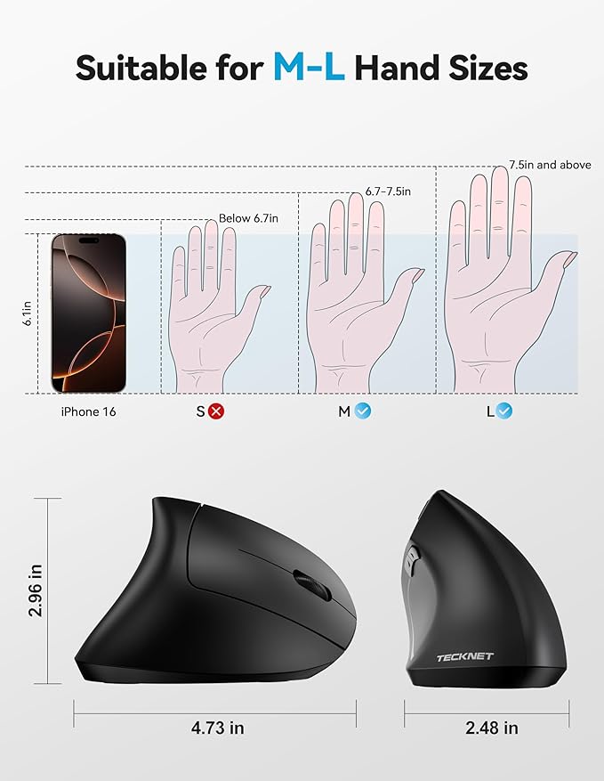 TECKNET Ergonomic Mouse Rechargeable Bluetooth - 4800 DPI Vertical Mice 6 Adjustable Levels, Wireless Optical Carpal Tunnel Mouse Right Hand, Multi Device for Laptop, PC, Computer, MacBook - Black | Mice - TrueDesk