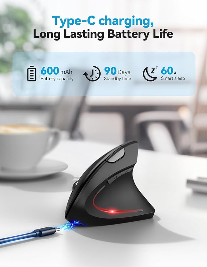 TECKNET Ergonomic Mouse Rechargeable Bluetooth - 4800 DPI Vertical Mice 6 Adjustable Levels, Wireless Optical Carpal Tunnel Mouse Right Hand, Multi Device for Laptop, PC, Computer, MacBook - Black | Mice - TrueDesk