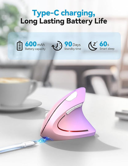 TECKNET Ergonomic Mouse Rechargeable Bluetooth - 4800 DPI Vertical Mice 6 Adjustable Levels, Wireless Optical Carpal Tunnel Mouse Right Hand, Multi Device for Laptop, PC, Computer - Pink Purple | Mice - TrueDesk