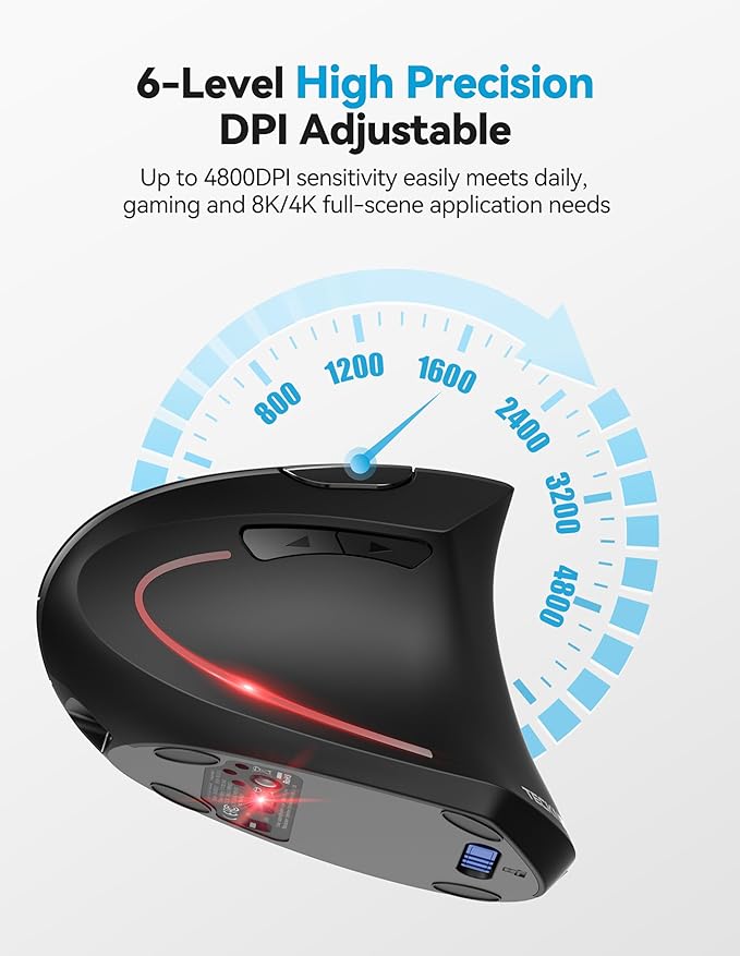 TECKNET Ergonomic Mouse Rechargeable Bluetooth - 4800 DPI Vertical Mice 6 Adjustable Levels, Wireless Optical Carpal Tunnel Mouse Right Hand, Multi Device for Laptop, PC, Computer, MacBook - Black | Mice - TrueDesk