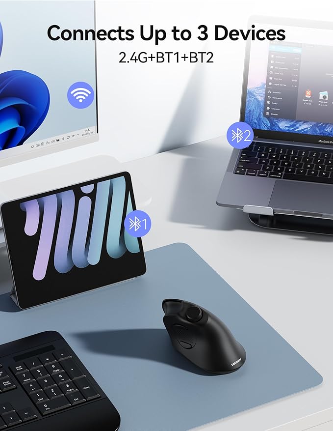 TECKNET Ergonomic Mouse, Rechargeable Wireless Bluetooth Mouse (BT 5.0/5.0+2.4G), Vertical Mouse with Volume Knob, Quiet Clicks, Cordless Mice 6 Adjustable DPI with USB A Receiver, Wide Compatibility | Mice - TrueDesk