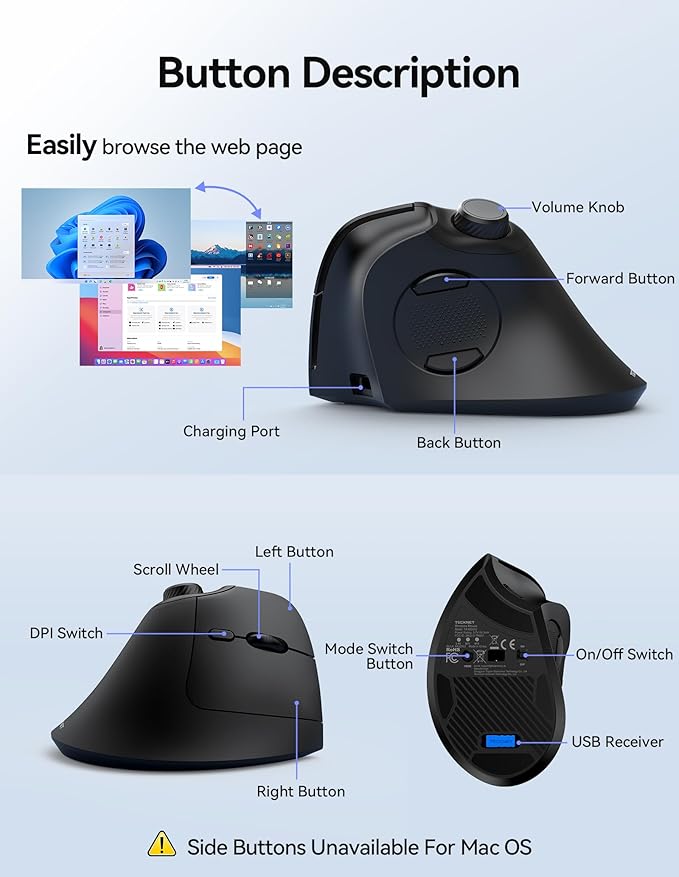 TECKNET Ergonomic Mouse, Rechargeable Wireless Bluetooth Mouse (BT 5.0/5.0+2.4G), Vertical Mouse with Volume Knob, Quiet Clicks, Cordless Mice 6 Adjustable DPI with USB A Receiver, Wide Compatibility | Mice - TrueDesk
