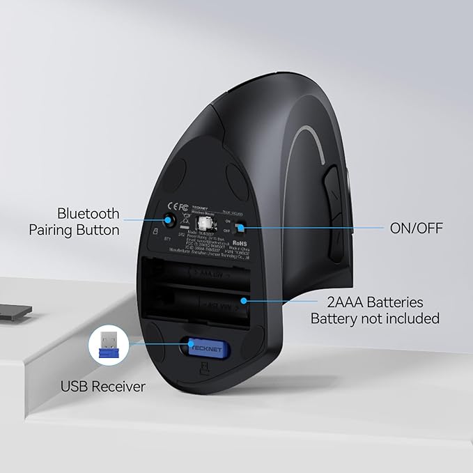 TECKNET Ergonomic Mouse, Wireless Bluetooth Vertical Mouse, 4800 DPI Optical Tracking, 6 Adjustable DPI, Quiet Clicks, 2.4GHz with USB A Receiver, 12 Months Battery, 6 Buttons, Wide Compatibility | Mice - TrueDesk