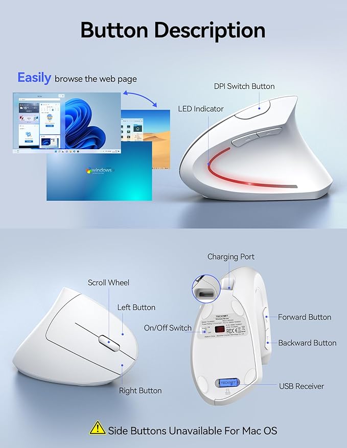 TECKNET Ergonomic Mouse Wireless, Rechargeable Mouse Silent for Carpal Tunnel Right Hand, 2.4GHz USB Vertical Mouse Wireless for Laptop, 5 Adjustable 4800 DPI, Computer, MacBook, Desktop | Mice - TrueDesk